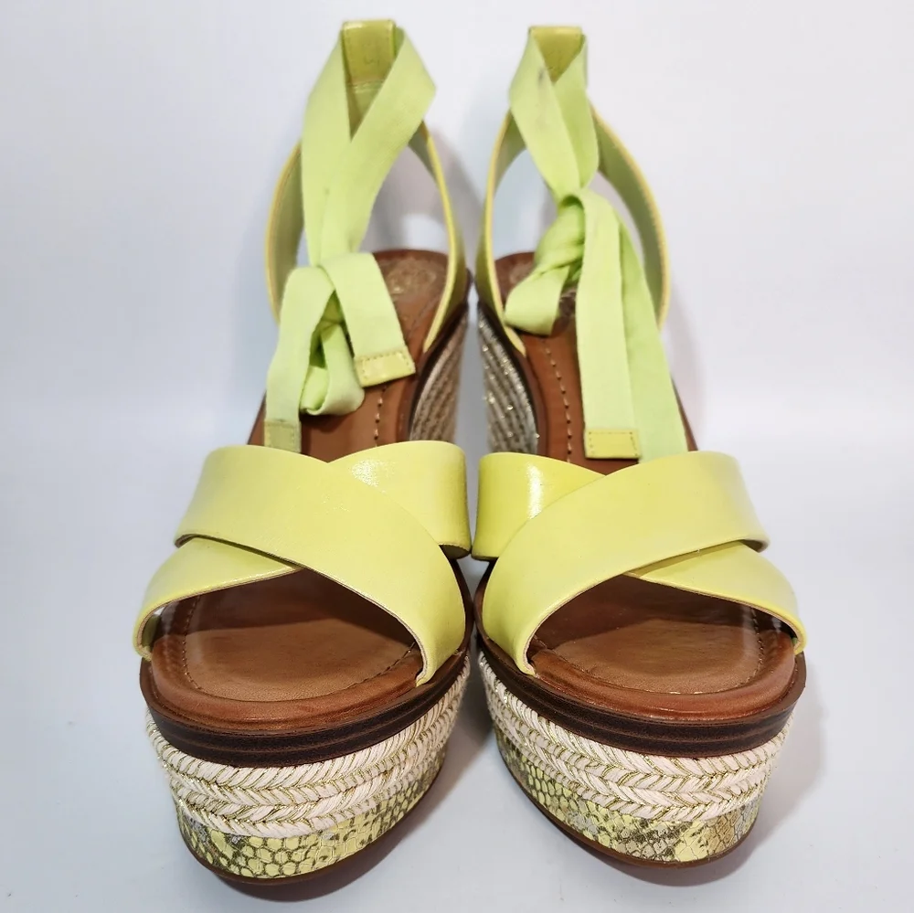Vince Camuto Pharrah Yellow Green Leather Ankle Tie Espadrille Platform Heels